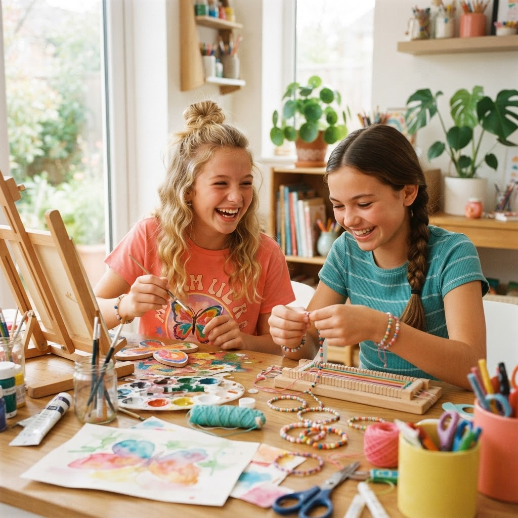 Two girls painting and making friendship bracelets together